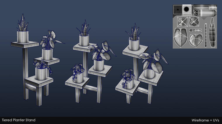 Low-poly Tiered Planter Stand (Wireframe + UVs)