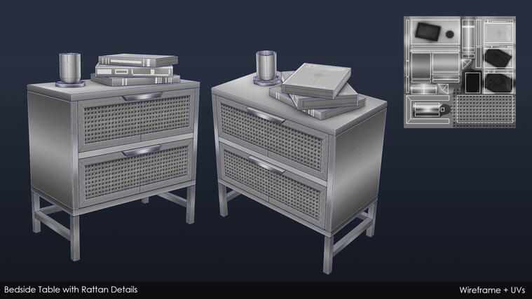 Low-poly Bedside Table (Wireframe + UVs)